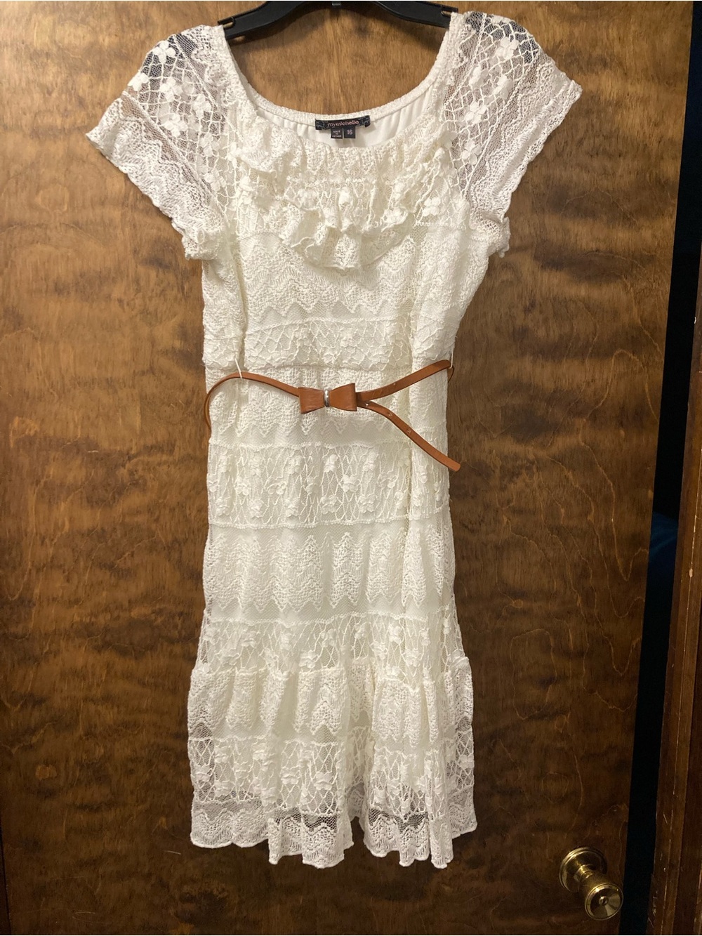 My Michelle Cream Lace Ruffle Mini Dress with Bow Belt